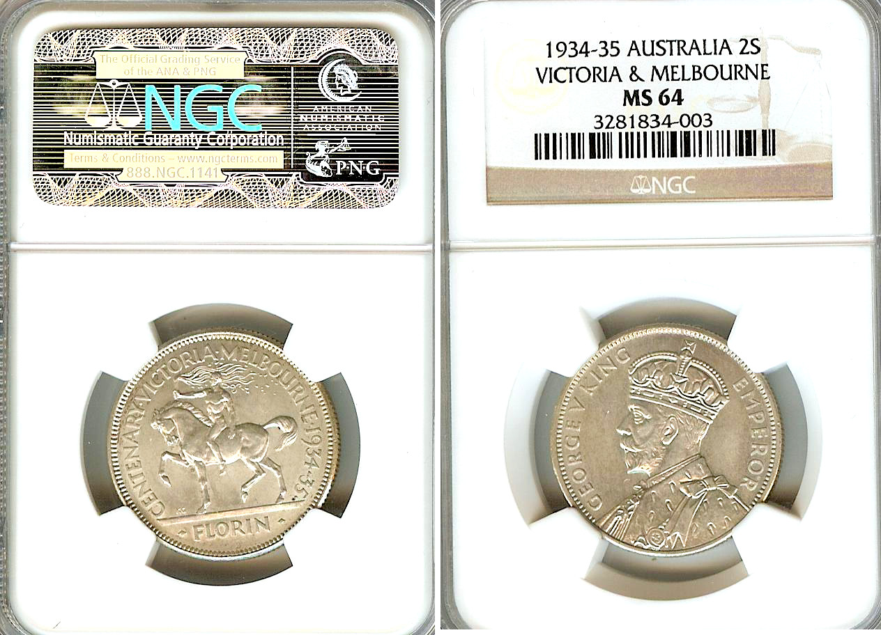 Australian Florin 1934/35 Melb. Cent. NGC MS64